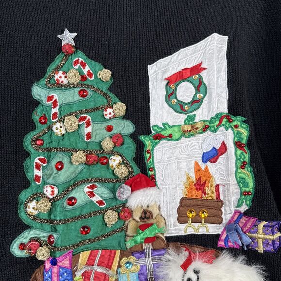 Vtg Ugly Christmas Sweater Womens Small 3D Tree Fireplace Dog Bear Gifts Holiday - Picture 2 of 13